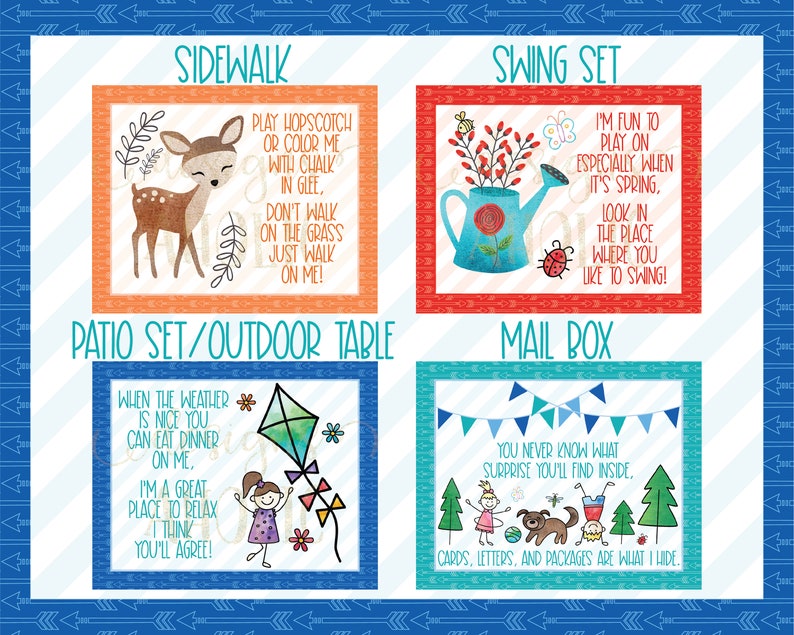 May include: A set of illustrated cards featuring outdoor play areas. The cards are in a colorful style with a white background and blue borders. The cards feature a sidewalk, swing set, patio set/outdoor table, and mailbox. Each card has a short, playful description of the area.