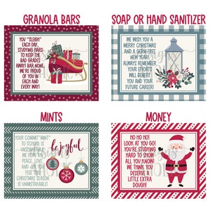 May include: Four Christmas gift tags with red and green plaid backgrounds. Each tag has a different holiday-themed illustration and a message. The tags are for granola bars, soap or hand sanitiser, mints, and money.