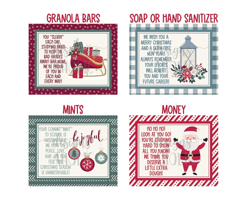 May include: Four Christmas gift tags with red and green plaid backgrounds. Each tag has a different holiday-themed illustration and a message. The tags are for granola bars, soap or hand sanitiser, mints, and money.