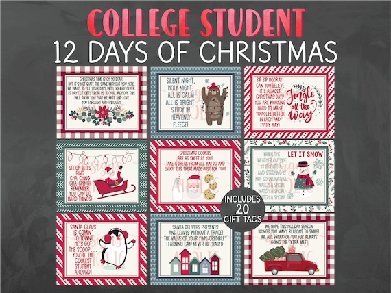 12 Days of Christmas College Student Gift Tags - College Student 12 Days of Christmas Gifts - Student Christmas Gift - College Care Package
