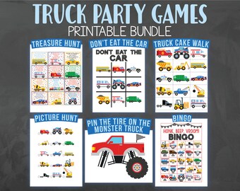 May include: Printable truck party game bundle with six different games: Treasure Hunt, Don't Eat the Car, Truck Cake Walk, Picture Hunt, Pin the Tyre on the Monster Truck, and Bingo. Each game features colourful illustrations of trucks.