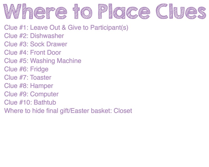 May include: A list of places to hide clues for a scavenger hunt, including the dishwasher, sock drawer, front door, washing machine, fridge, toaster, hamper, computer, bathtub, and closet.