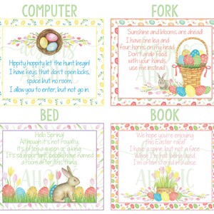 K&ouml;nnte beinhalten: Vier bunte Osterkarten mit jeweils einem anderen Objekt. Die Karten haben einen wei&szlig;en Hintergrund mit einem rosa und gelben Rand. Der Text auf jeder Karte beschreibt das Objekt. Die Objekte sind ein Computer, eine Gabel, ein Bett und ein Buch.
