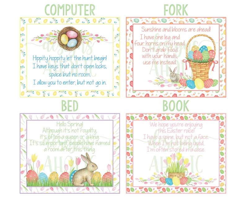 K&ouml;nnte beinhalten: Vier bunte Osterkarten mit jeweils einem anderen Objekt. Die Karten haben einen wei&szlig;en Hintergrund mit einem rosa und gelben Rand. Der Text auf jeder Karte beschreibt das Objekt. Die Objekte sind ein Computer, eine Gabel, ein Bett und ein Buch.