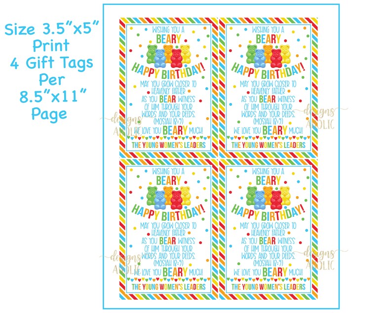 Young Women Birthday Gift Tag Gummy Bears LDS YW Birthday - Etsy