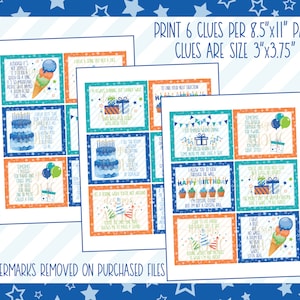 May include: Printable birthday scavenger hunt clues for a boy's birthday party. The clues are printed on 6 cards per 8.5" x 11" page. Each card is 3" x 3.75". The cards feature a blue, orange, and green color scheme with illustrations of birthday cakes, presents, balloons, and ice cream cones.
