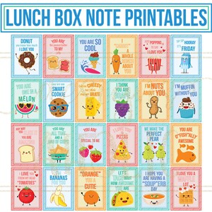 Peut inclure: Ensemble de notes imprimables pour bo&icirc;tes &agrave; lunch avec des illustrations de personnages alimentaires et des phrases amusantes. Les notes incluent un beignet, du pain grill&eacute;, de la cr&egrave;me glac&eacute;e, une carotte, etc. Le texte en haut dit "LUNCH BOX NOTE PRINTABLES".