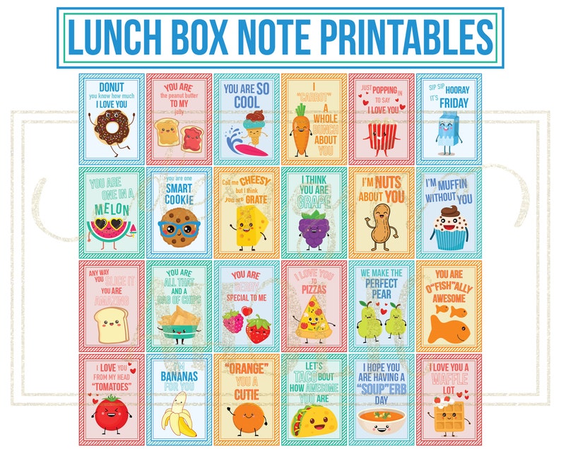 Peut inclure: Ensemble de notes imprimables pour bo&icirc;tes &agrave; lunch avec des illustrations de personnages alimentaires et des phrases amusantes. Les notes incluent un beignet, du pain grill&eacute;, de la cr&egrave;me glac&eacute;e, une carotte, etc. Le texte en haut dit "LUNCH BOX NOTE PRINTABLES".