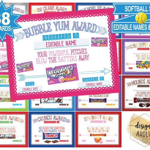 37 Softball Candy Bar Award Certificates Softball Player Etsy