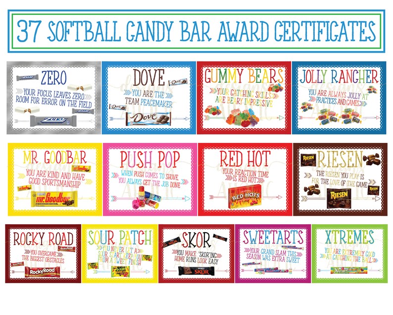 37 Softball Candy Bar Award Certificates Softball Player Etsy