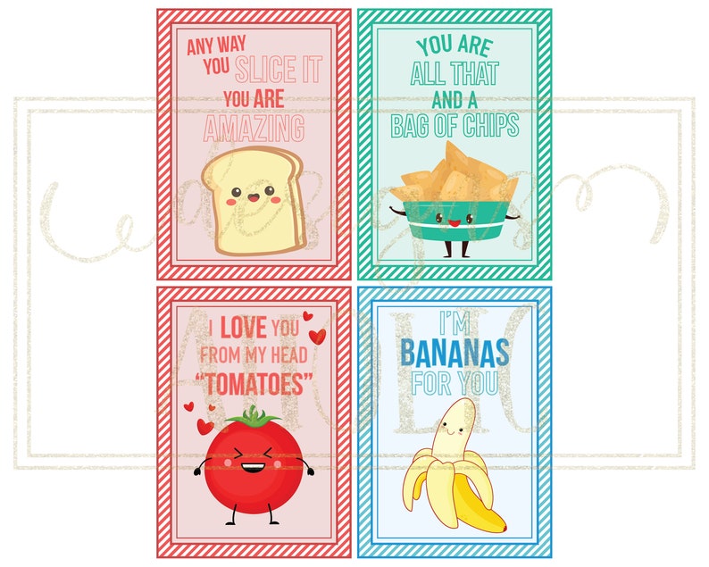 Peut inclure: Quatre cartes color&eacute;es avec des jeux de mots sur les aliments. Les cartes pr&eacute;sentent des illustrations d'une tranche de pain, d'un bol de frites, d'une tomate et d'une banane. Chaque carte contient un jeu de mots diff&eacute;rent, comme "Tu es incroyable".