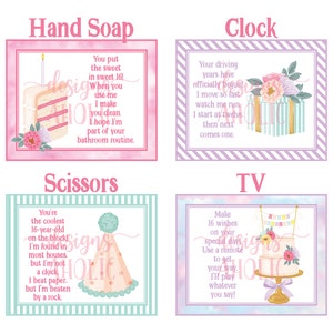 Op de afbeelding: Vier vierkante ontwerpen met tekst en illustraties. De linkerbovenhoek zegt "Handzeep" met een taartillustratie. De rechterbovenhoek zegt "Klok" met een cadeau-illustratie. De linkerbenedenhoek zegt "Schaar" met een feesthoedillustratie. De rechterbenedenhoek zegt "TV" met een taartillustratie.