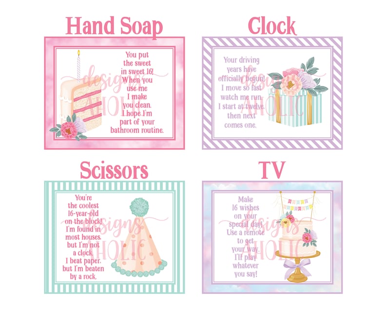 Op de afbeelding: Vier vierkante ontwerpen met tekst en illustraties. De linkerbovenhoek zegt "Handzeep" met een taartillustratie. De rechterbovenhoek zegt "Klok" met een cadeau-illustratie. De linkerbenedenhoek zegt "Schaar" met een feesthoedillustratie. De rechterbenedenhoek zegt "TV" met een taartillustratie.