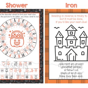 Op de afbeelding: Een printbaar Halloween-spel met twee kaarten. De eerste kaart heeft een decoderingswiel met een pompoen en andere Halloween-pictogrammen. De tweede kaart heeft een kasteel en de tekst "Achteruit lezen is lastig, maar het moet gebeuren, als je de volgende aanwijzing wilt!" en "oob morf em of ouy! gninettalf sehtolc si tahw I od. daeh of em fi ouy Inaw ruoy ixen eulc."