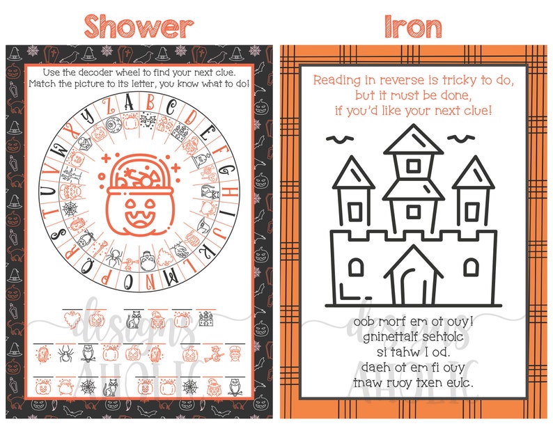 Op de afbeelding: Een printbaar Halloween-spel met twee kaarten. De eerste kaart heeft een decoderingswiel met een pompoen en andere Halloween-pictogrammen. De tweede kaart heeft een kasteel en de tekst "Achteruit lezen is lastig, maar het moet gebeuren, als je de volgende aanwijzing wilt!" en "oob morf em of ouy! gninettalf sehtolc si tahw I od. daeh of em fi ouy Inaw ruoy ixen eulc."