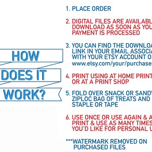 Może przedstawiać: Grafika w kolorze niebieskim i białym z tekstem "HOW DOES IT WORK?" w formie banera. Grafika wyjaśnia, jak pobrać i wydrukować pliki cyfrowe zakupione na Etsy. Tekst zawiera instrukcje dotyczące drukowania w domu lub w drukarni, składania torebki na przekąski i używania wydruku tak często, jak chcesz.