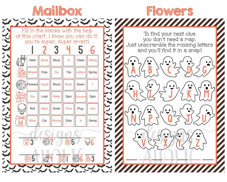 May include: A printable Halloween game for kids. The game includes a chart with words and numbers, and a page with ghosts with letters on them. The game instructs players to unscramble the letters to find the next clue.