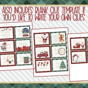 May include: A set of printable Christmas-themed gift tags with various designs featuring Santa Claus, a penguin, a gingerbread man, a raccoon, a truck, a snowman, a Christmas tree, and a snow globe. The tags are decorated with a red and green plaid pattern and the text "designs aholic".