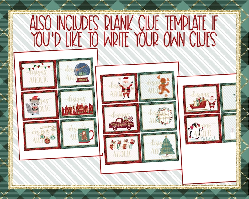 May include: A set of printable Christmas-themed gift tags with various designs featuring Santa Claus, a penguin, a gingerbread man, a raccoon, a truck, a snowman, a Christmas tree, and a snow globe. The tags are decorated with a red and green plaid pattern and the text "designs aholic".