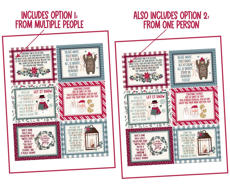 May include: Two printable Christmas gift tags with red and white gingham backgrounds. The tags feature different holiday-themed illustrations and text, including "Silent Night, Holy Night, All is Calm, All is Bright, Study in Heavenly Fleece!" and "Let it Snow".