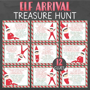 Può includere: Un gioco di caccia al tesoro "Elf Arrival" a tema natalizio, con 12 indizi. Ogni indizio è presentato in una cornice a strisce rosse e bianche, con un'illustrazione di elfo e testo in rima. Un'attività divertente per Natale.