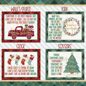 May include: Four Christmas-themed gift tags with red and white plaid backgrounds. Each tag features a different holiday-themed image and text. The text on the tags reads: "Wallet/Purse", "Christmas is the most magical day! I have lots of money, but do not pay. When I'm full you shout hooray!"  "Clock", "Santa Claus is coming to town! I have a face that doesn't frown, and hands that go round and around."  "Fork", "Away in a manger, no crib for his bed. I have one leg and four horns on my head. Don't grab food with your hands, use me instead."  "Scissors", "Spread Christmas cheer everywhere! Sometimes I'm used for hair, one of me is called a pair."