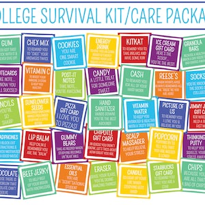 May include: A colorful collage of 36 squares with different items and phrases related to college survival. Each square has a different color and features a different item or phrase, such as gum, notecards, pencils, headphones, chocolate, chex mix, cookies, vitamin C, sunflower seeds, lip balm, beef jerky, post-it notes, pizza gift card, gummy bears, essential oils, energy drink, candy, hand sanitizer, chipotle gift card, kitkat, cash, vitamin water, ice cream gift card, reese's, socks, picture of us, jimmy john's gift card, scalp massager, popcorn, thinking putty, eraser, candle, starbucks gift card, and chips.