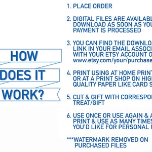 May include: Blue and white text on a white background explains how to download and print digital files. The text reads "How Does It Work?" and includes instructions for placing an order, downloading files, printing, and using the files. The text also states that watermarks are removed on purchased files.