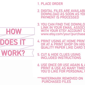 Op de afbeelding: Een roze en witte afbeelding met instructies over het gebruik van een digitaal product. De tekst luidt "Hoe werkt het?" en geeft stappen voor het bestellen, downloaden, afdrukken en gebruiken van de bestanden.