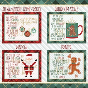 May include: Four Christmas-themed printable signs with red and white plaid backgrounds. The signs feature holiday-themed text and illustrations. The signs are titled "Alexa/Google Home/Radio", "Bathroom Scale", "Window", and "Printer".