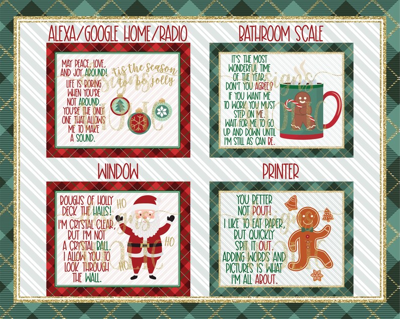 May include: Four Christmas-themed printable signs with red and white plaid backgrounds. The signs feature holiday-themed text and illustrations. The signs are titled "Alexa/Google Home/Radio", "Bathroom Scale", "Window", and "Printer".