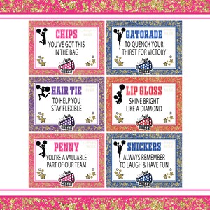 May include: Five colorful gift tags with cheerleading-themed graphics and text. The tags feature a cheerleader silhouette, stars, and the text "Live Love Cheer". The text on the tags includes: "Chips", "Gatorade", "Hair Tie", "Lip Gloss", and "Penny".