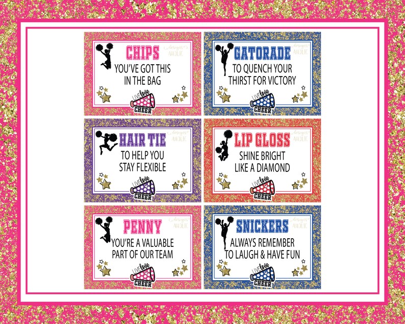 May include: Five colorful gift tags with cheerleading-themed graphics and text. The tags feature a cheerleader silhouette, stars, and the text "Live Love Cheer". The text on the tags includes: "Chips", "Gatorade", "Hair Tie", "Lip Gloss", and "Penny".