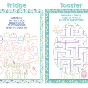 May include: Two Easter-themed mazes for kids. The first maze is a word search with the word "design" hidden in the path. The second maze is a traditional maze with the phrase "design a home" hidden in the path.