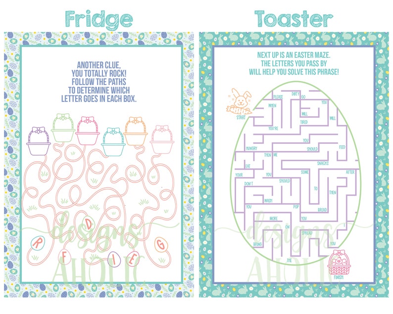 May include: Two Easter-themed mazes for kids. The first maze is a word search with the word "design" hidden in the path. The second maze is a traditional maze with the phrase "design a home" hidden in the path.