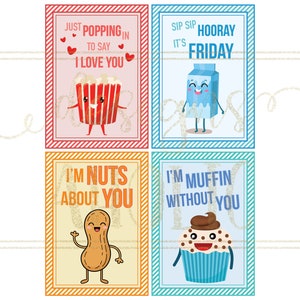 Peut inclure: Quatre cartes color&eacute;es avec des personnages de nourriture de dessin anim&eacute; et du texte. La carte en haut &agrave; gauche dit "Juste en train de &eacute;clater pour dire Je t'aime" avec un personnage de pop-corn. La carte en haut &agrave; droite dit "Sip Sip Hourra C'est vendredi" avec un carton de lait. La carte en bas &agrave; gauche dit "Je suis fou de toi" avec une cacahu&egrave;te. La carte en bas &agrave; droite dit "Je suis muffin sans toi" avec un cupcake.