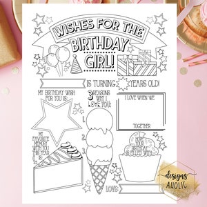 Afdrukbare verjaardagswensen kleurplaat - Vul verjaardagswensen in voor feestvarken & meisje - Verjaardag Mad Libs - Verjaardagskaartsjabloon