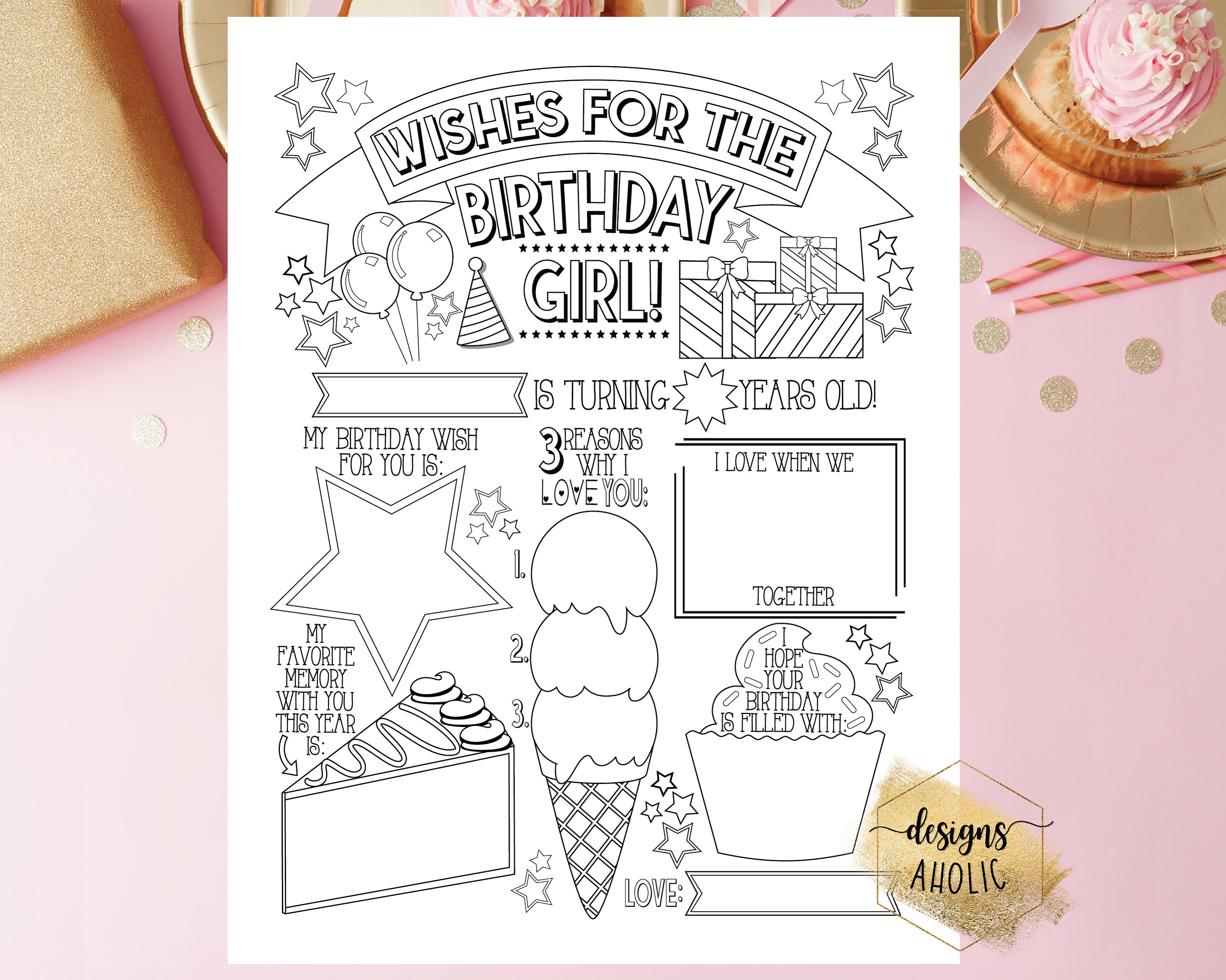 printable birthday wishes coloring page fill in birthday etsy norway