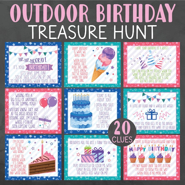 Outdoor Birthday Treasure Hunt Clues - Outdoor Birthday Scavenger Hunt Clues - Outdoor Birthday Games - Printable Outdoor Birthday Games