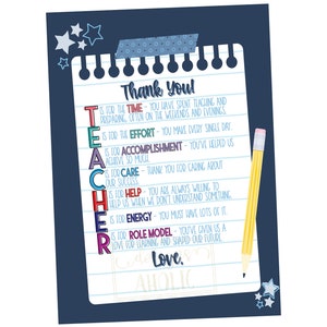 Nota de agradecimiento del maestro - Carta de agradecimiento del maestro - Regalo de agradecimiento al maestro - Etiqueta de regalo de agradecimiento al maestro - Regalo de fin de año