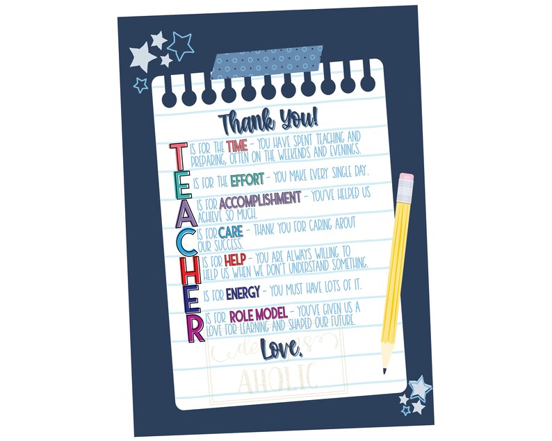 Teacher Thank You Letter Teacher Appreciation Gift Teacher Appreciation Gift Tag Teacher Thank You Note End of Year Gift