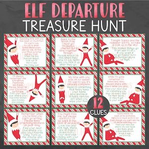 May include: A Christmas-themed treasure hunt game with 12 clues, featuring illustrations of elves in red and white outfits. The title "Elf Departure Treasure Hunt" is in red and white.