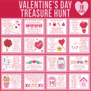 Valentine's Day Treasure Hunt Clues Valentines Scavenger Hunt Clues Valentine's Day Printables Valentines Party Games Kids Valentine image 1