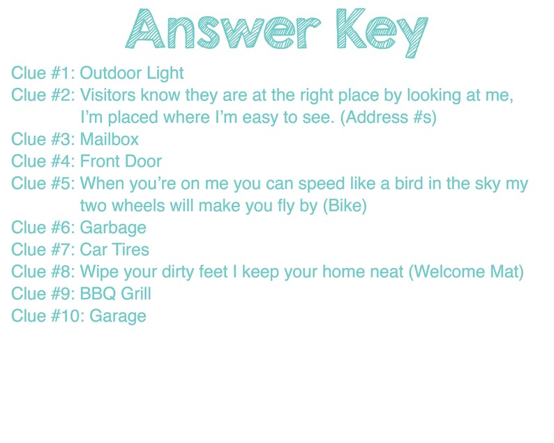 Pu&ograve; includere: Su sfondo bianco, il titolo "Answer Key" &egrave; scritto in turchese. L'immagine presenta dieci indizi, ciascuno legato a un oggetto o luogo domestico, come "Outdoor Light", "Mailbox" e "BBQ Grill". Gli indizi sono numerati.