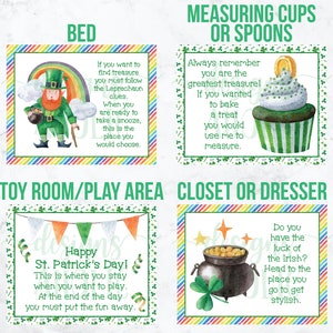 K&ouml;nnte beinhalten: Vier druckbare Karten mit einem St. Patrick's Day-Motiv. Jede Karte zeigt einen anderen Ort in einem Haus, wie z. B. das Bett, das Spielzimmer, den Schrank oder die Kommode. Jede Karte hat eine andere Illustration und einen anderen Text. Die Bettkarten zeigen einen Kobold, die Spielzimmerkarten zeigen ein Banner, die Schrankkarten zeigen einen Topf mit Gold und die Kommodenkarten zeigen einen Cupcake.