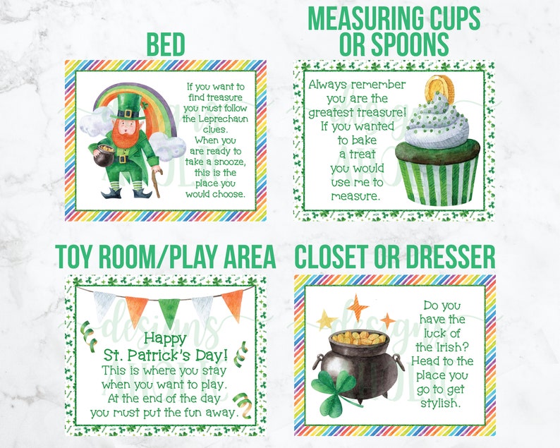 K&ouml;nnte beinhalten: Vier druckbare Karten mit einem St. Patrick's Day-Motiv. Jede Karte zeigt einen anderen Ort in einem Haus, wie z. B. das Bett, das Spielzimmer, den Schrank oder die Kommode. Jede Karte hat eine andere Illustration und einen anderen Text. Die Bettkarten zeigen einen Kobold, die Spielzimmerkarten zeigen ein Banner, die Schrankkarten zeigen einen Topf mit Gold und die Kommodenkarten zeigen einen Cupcake.