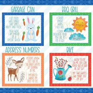 May include: Four illustrated cards with different themes. The first card is blue and features a blue bunny with a carrot. The text reads "Garbage Can. I get filled with things that smell nasty and yuck. Each week I am emptied by a special truck." The second card is green and features a yellow sun with a smiling face and two white clouds with smiling faces. The text reads "BBQ Grill. I create smoke when I get hot. I cook delicious food you like to eat a lot!" The third card is orange and features a brown deer with a white face. The text reads "Address Numbers. Visitors know they are at the right house by looking at me. I'm placed where I'm easy to see." The fourth card is red and features a blue watering can with a red ladybug and a green plant. The text reads "Bike. When you're on me you can speed like a bird in the sky. My two wheels will make you fly by!"