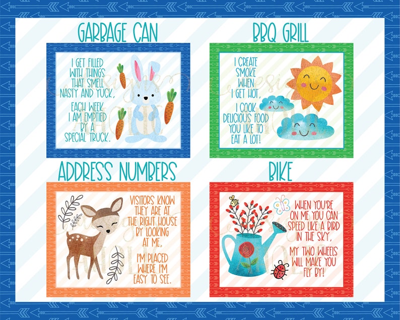 May include: Four illustrated cards with different themes. The first card is blue and features a blue bunny with a carrot. The text reads "Garbage Can. I get filled with things that smell nasty and yuck. Each week I am emptied by a special truck." The second card is green and features a yellow sun with a smiling face and two white clouds with smiling faces. The text reads "BBQ Grill. I create smoke when I get hot. I cook delicious food you like to eat a lot!" The third card is orange and features a brown deer with a white face. The text reads "Address Numbers. Visitors know they are at the right house by looking at me. I'm placed where I'm easy to see." The fourth card is red and features a blue watering can with a red ladybug and a green plant. The text reads "Bike. When you're on me you can speed like a bird in the sky. My two wheels will make you fly by!"