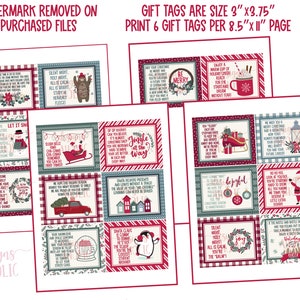 May include: A set of six printable Christmas gift tags featuring various holiday themes and illustrations. The tags are 7.6 cm by 9.5 cm and are designed to be printed six per 21.6 cm by 27.9 cm page. The tags feature a variety of holiday themes, including "Let it Snow", "Silent Night", "Jingle All the Way", "Be Merry", "Joyful", and "Holiday Cheer".