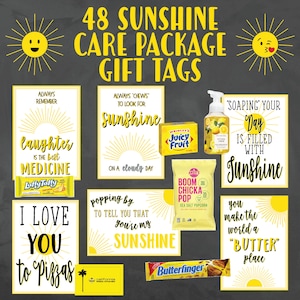 May include: A set of 48 printable gift tags with a sunshine theme. The tags feature yellow and white backgrounds with sun illustrations and text such as "Always remember laughter is the best medicine", "You make the world a "butter" place", and "Always Chews to look for sunshine".
